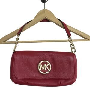 MICHAEL KORS chili red 100% leather pebbled chain small flap gold bag purse